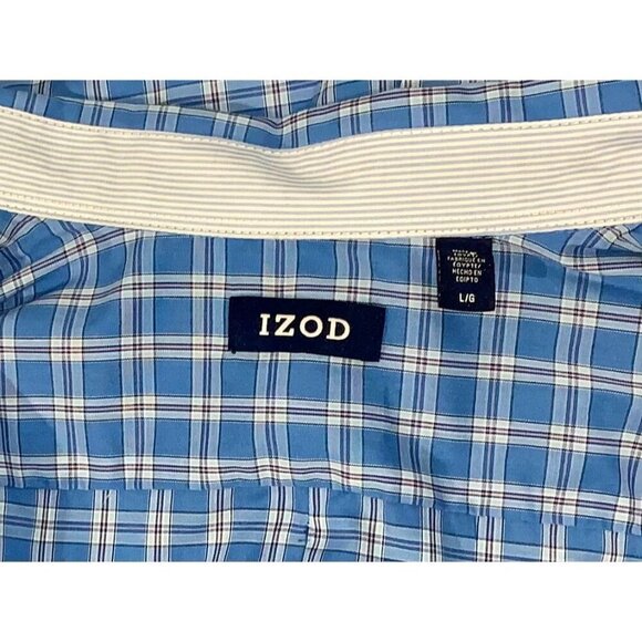Izod Mens Blue Plaid Button Down Long Sleeve Shirt Contrasting Cuff Trim Large - Picture 4 of 7